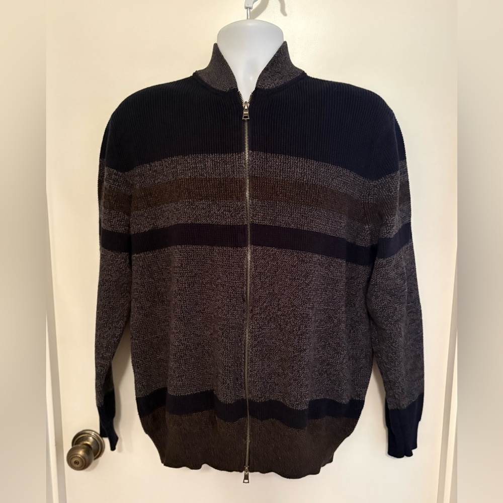 Southern Pines Black, Gray and Brown Striped Men’s Zip-Up Sweater